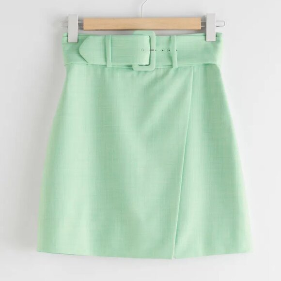 NWT & Other Stories Belted Tailored Overlap Mini Skirt Mint Green Women's Size 2 - Picture 3 of 7